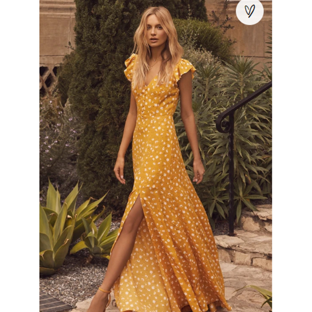 NWOT Lulus Fresh Picked Mustard Yellow Floral Print Backless Maxi Dress